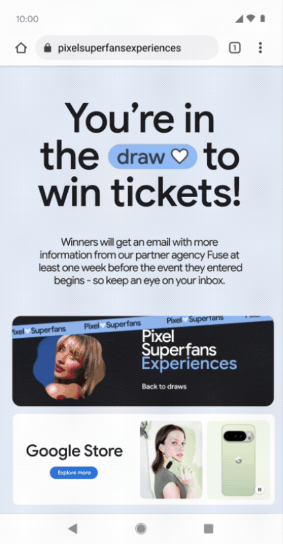 Mobile confirmation screen after entering the draw