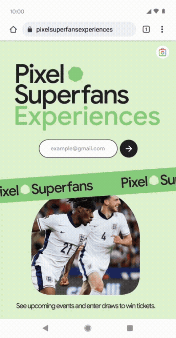 Mobile sign-up screen for Pixel Superfans Experiences