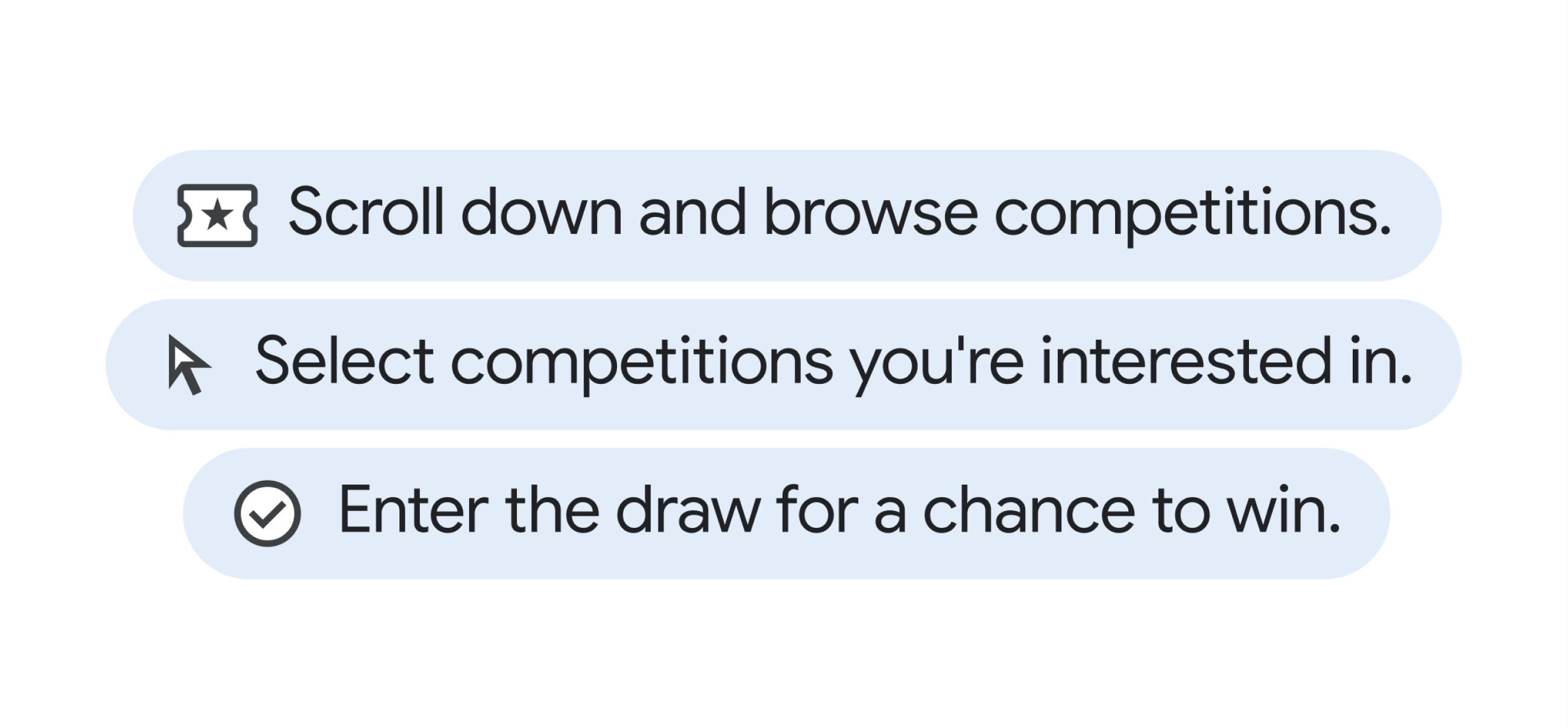 Three-step flow: browse competitions, select an experience, enter the draw