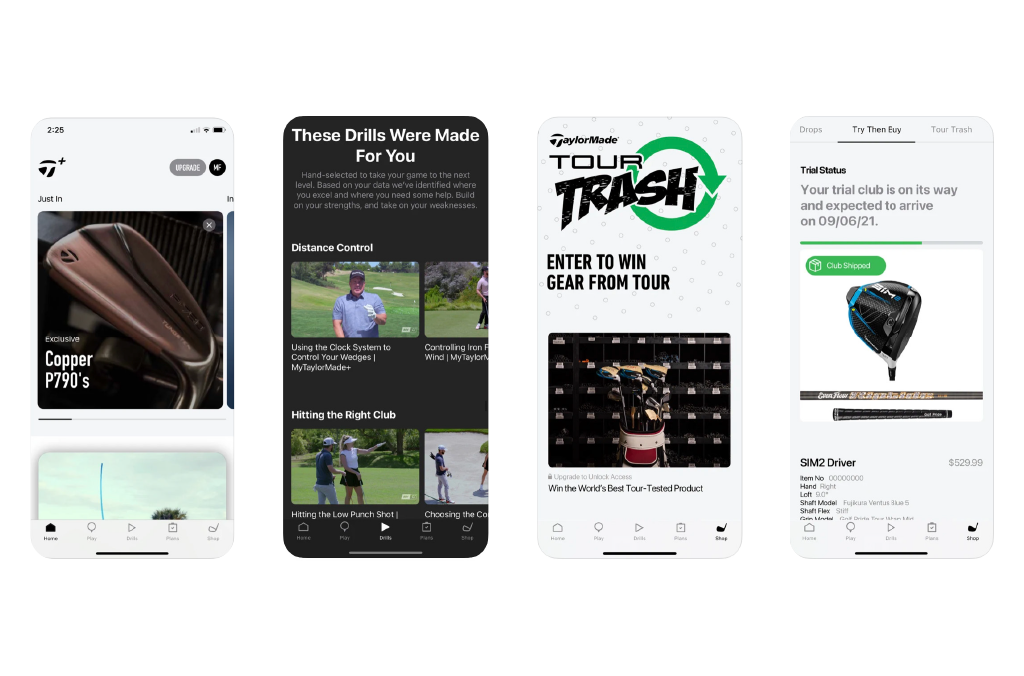 My TaylorMade+ screens: gear shop, drills, Tour Trash competition, and trial status